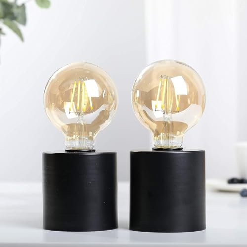 JHY DESIGN Lot de 2 lampes de table décoratives alimentées par piles 18 cm de haut avec lanterne sphérique en verre ambré Lampe sans fil en métal alimentée pour les mariages (Noire)