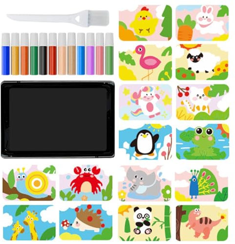 Shurzzesj Sandmalerei für Kinder, Sandkunst zum Abziehen und Aufkleben, Farbsand-Kunstbilder-Sets für Kinder, 12 Sandfarben, 16 Bilder zum Abziehen und Streuen, 1 Tablett, 1 Pinsel-Kunstwerkzeug für