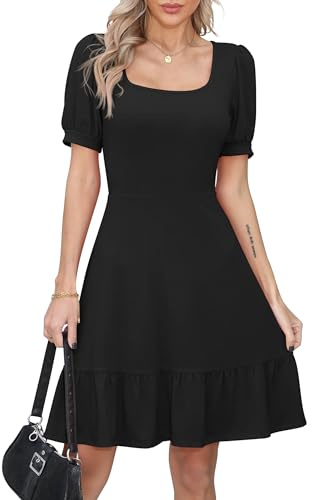Missufe Robe d'été pour femme A ligne Robe de patineuse à volants Manches bouffantes Manches courtes Robes de loisirs Swing, Noir , XS