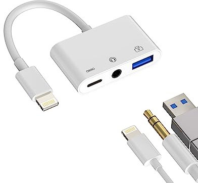 Adaptateur Lightning USB 3,5 mm - Répartiteur Audio AUX pour Apple iPhone 14 13 - Charge Jack OTG 3.0 - Clé d'appareil Photo numérique - Clavier - Connecteur Femelle - Lecteur de Carte USB-A