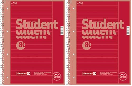 Brunnen 1067925123 Notizblock/Collegeblock Student Colour Code (A4 liniert, Lineatur 25, 90 g/m², 80 Blatt) rot (Packung mit 2)