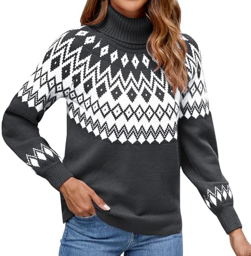 Genfien Women's Jumpers Women's Turtleneck Jumpers Casual Long Sleeve Pullover Loose Knitted Jumper Tops Ladies Christmas Sweater Casual Basic Dark Gray