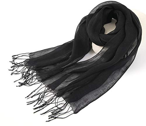 Prettystern Sciarpa Leggera Unisex Foulard in Lino Uomo e Donna Primavera Estate Tinta Unita Con Frange T52 Nero