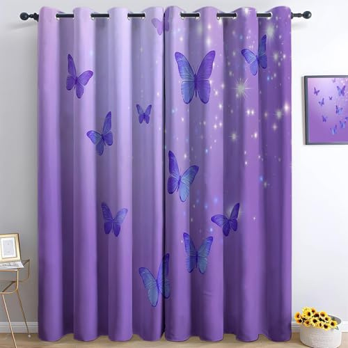 Generisch Gardinen Schlafzimmer H183 x B117 cm Thermovorhang Verdunkelungsvorhang Lila Modern Polyester Vorhänge 3D Aquarellhintergrund Blauer Schmetterling Blickdicht Ösenvorhang 2Er Set