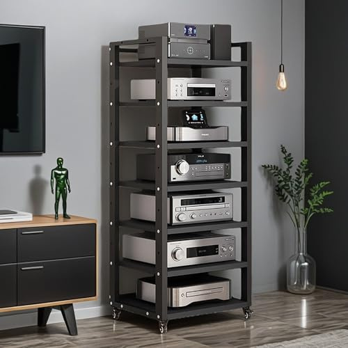 OVZXSD 7-tier Av Media Stand, Audio Rack With Adjustable Shelves, Stereo Racks And Stands With Wheels, Stereo Rack For Home, Office, Theater(B)
