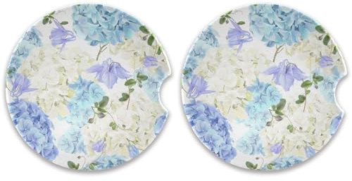 Auto-Untersetzer, Blau-Weiß, Hortensien, Blumen, Getränkeuntersetzer, 6,3 cm, saugfähige Keramik-Untersetzer für Getränkehalter, Auto-Dekoration, 2 Stück