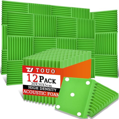 TOUO Akustikplatten, schalldichte Schaumstoffplatten für die Wand, 30,5 x 30,5 x 5,1 cm, schwer entflammbarer Keil-Akustikschaum, hochdichter schallabsorbierender Schaumstoff für Heimstudio (grün, 5,1