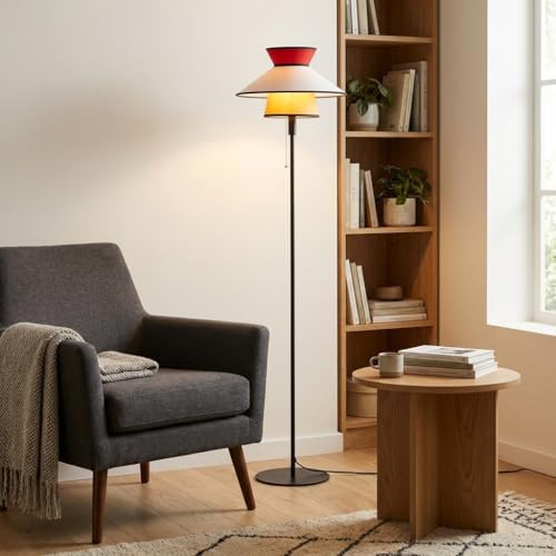 Alpinaluz Golvlampa Retro Moderna med Trippel Kon Textilskärm i Röd, Trä och Beige, Matt Svart Metallfot med Kedjebrytare, Elegant Boho-stil för Vardagsrum och Inomhusbruk