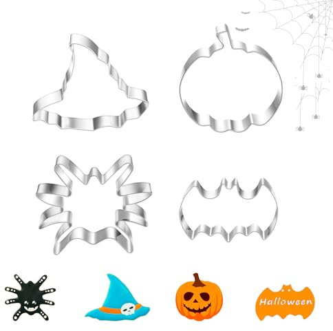 4 Stück Ausstecher Halloween,Groß Ausstechformen Form Kürbis Fledermaus Spinne Magierhut Set,Herbst Backen Edelstahl Cookie Ausstechform,für Erntedankfest Backform Essen Keksausstecher Förmchen