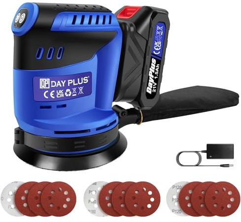 21V Cordless Random Orbit Sander, 3 Variable Speeds, 125mm 12Pcs Sandpapers, Electric Sander with Dust Collection Ideal for Sanding, Polishing Wood, DIY, Home Improvements