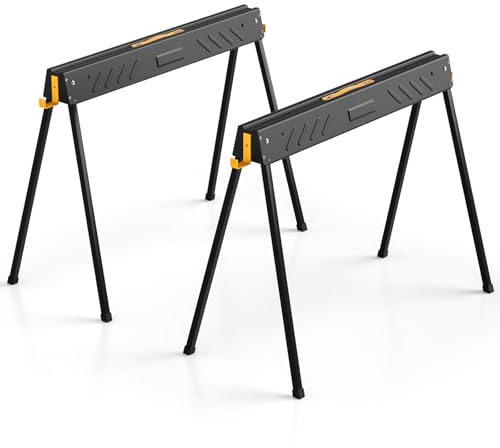 GOPLUS Set de 2 Caballetes de Aserrar Plegables, Caballete de Aserrar Plegable de Metal con Patas de Apoyo Plegables, Soporte de Apoyo con 4 Ganchos Extraíbles, Caballo de Batalla Ligero Portátil