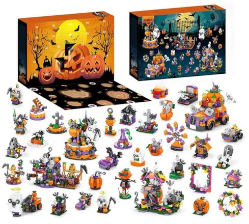 Halloween Adventskalender Blind Box Bausatz, 1328 Teile mit 24 Einzigartigen Modellen, DIY Bauklötze Set für Erwachsene & Jugendliche, Kreatives Geschenk & Deko, Perfekt für Halloween-Party