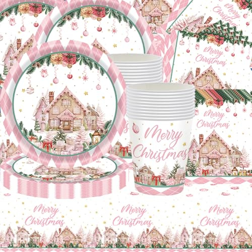 61 Stück rosa Weihnachtsparty Geschirr Set, Weihnachts-Thema, rosa Farbe Dekoration, Geburtstagsparty Dekoration, Essdeck, Papierbescher, Handtücher, Karton, für 20 Gäste