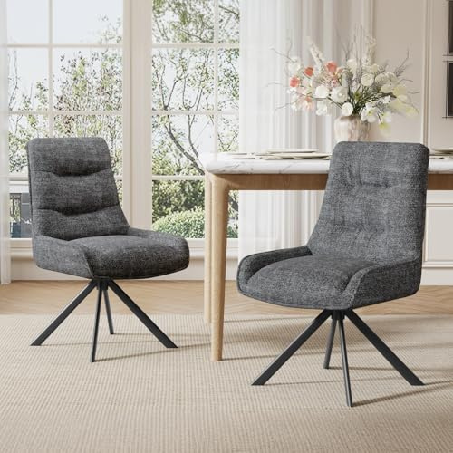 Ckaff Drehstuhl Esszimmer, 2er Set 360° Drehbar Esszimmerstuhl, Küchenstuhl, Polsterstuhl aus Chenille, Schminkstuhl mit Hoher Rückenlehne und Metallbeine für Esszimmer Küche Büro, Dunkelgrau