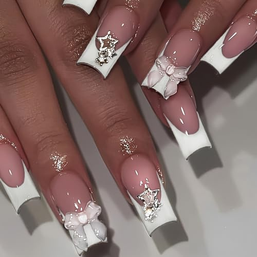 French Tip False Nails - Long Medium White Square Coffin Press On Nails With Bow Design - Eye-catching Dance Party Fake Nail-s With Glue - Full Cover Nail-s Press Ons Women Girls Nail Art