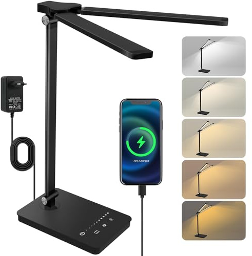 JVURICE Schreibtischlampe LED 15W Dimmbar, Augenschutz, 5 Farben&10 Helligkeitsstufen, Adapter, Ladefunktion, Timer,Memory Lesemodus Tischlampe mit 2m Kabellänge, für Kinder,Schlafzimmer,Büro, Schwarz