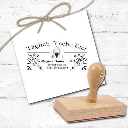 Dekolando Eierkarton Stempel personalisiert „Täglich frische Eier“ - mit Name Adresse Holzstempel Haus Gräser Landhaus Motiv 100 × 50 mm