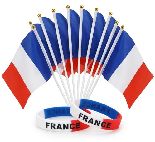 Lot de 10 Drapeaux France à Main 14x21cm avec 2 Bracelets en Silicone, Pavillon Français Bleu Blanc Rouge pour Supporter, Fête Nationale et Événements Sportifs