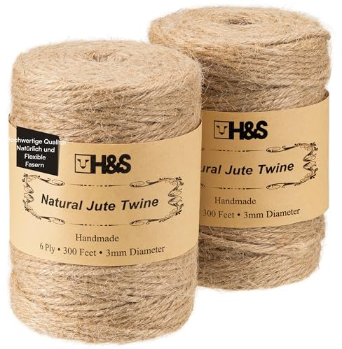H&S Jute String - 2 Reels x 90m (300ft) 3mm (0.1) Garden Twine - 6 ply Thick Strong Rope Roll - Floristry, Gift, Parcel, Butcher, or Crafts - Natural Brown Gardening Sisal Rope