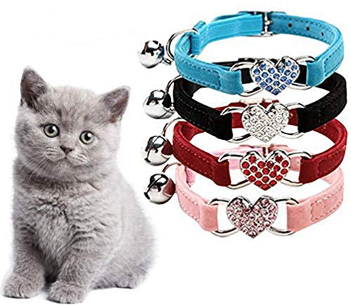 DAIXI Katzenhalsband, Katzenhalsband mit Glocke und Bling Kristallherzcharme Niedliche Tierbedarf… (Black+Red+Pink+Black)