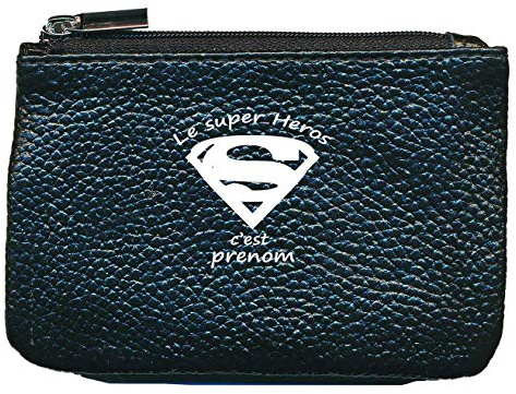 Petit Porte Monnaie en Cuir Porte cles Noir Super Heros Personnali avec prenom