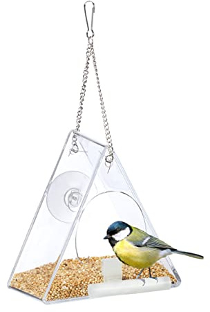 Relaxdays Vogelfutterhaus Set Vogelfutterspender aus Acryl transparent | zum Aufhängen, für Fenster, HBT 13 x 12,5 x 7,5 cm