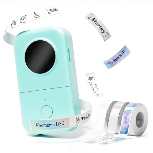 Phomemo D30 Bluetooth Etikettiergerät Beschriftungsgerät Selbstklebend Mini Etikettendrucker,Label Printer mit 3 Rollen etikettenpapier Geschenkbox,Labelmaker Geeignet für Haushalt und Büro - Grün