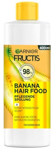 Garnier Fructis Pflegende Bananen Spülung, Conditioner für trockenes Haar, Für mehr Glanz und Geschmeidigkeit, Mixtur aus 98% Inhaltsstoffen natürlichen Ursprungs, Ohne Parabene, Vegane Formel, 400ml