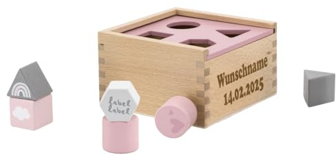 Elefantasie Formenspiel Sortierbox aus Holz rosa personalisierbar mit Name und Datum Baby Geschenk mit Gravur