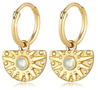 Elli Ohrringe Damen Creolen Vintage Anhänger Ornament mit Mondstein | Trend Blogger, 925 Sterling Silber Vergoldet