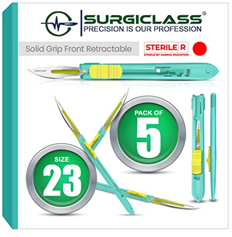 Surgical Scalpel Surgical Blades # 23 Surgical Steel Sterile ● Pack of 5 ● Retractable ● Perfect for Wood Art, Surgical, Sculpting, Repairs, Lab Anatomy, Sign, Card Making Lab Training SURGIFRONT23-5