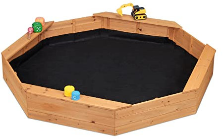 Relaxdays Sandkasten, 8-eckig, 4 Sitzbänke, mit Sandkastenvlies, HBT 22,5 x 160 x 160 cm, Sandkiste, Tannenholz, Natur