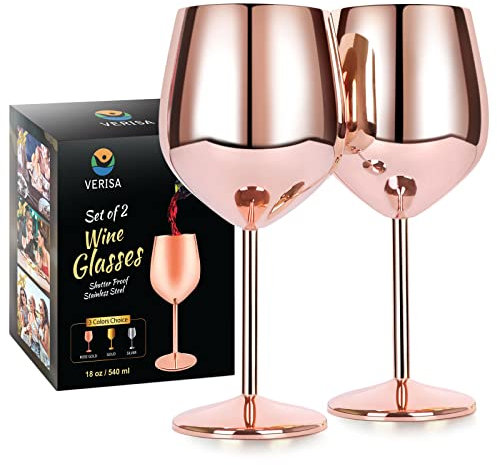 VERISA Rotgoldene Weingläser, 530 ml, unzerbrechliches Stahl-Weinglas, bruchsichere Metall-Weinkelche für Outdoor, Picknick, Party, Geschenkbox (Roségold)