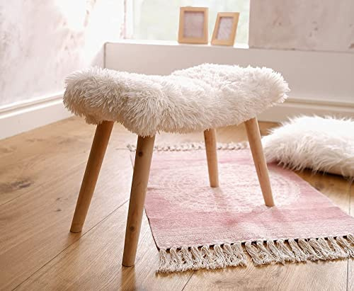 Dekoleidenschaft Hocker Kuschelfell aus Kunstfell in Creme-weiß, Beine aus Holz, Natur, Sitzhocker, Polsterhocker, Fußhocker, Schminktisch-Stuhl, Dekohocker