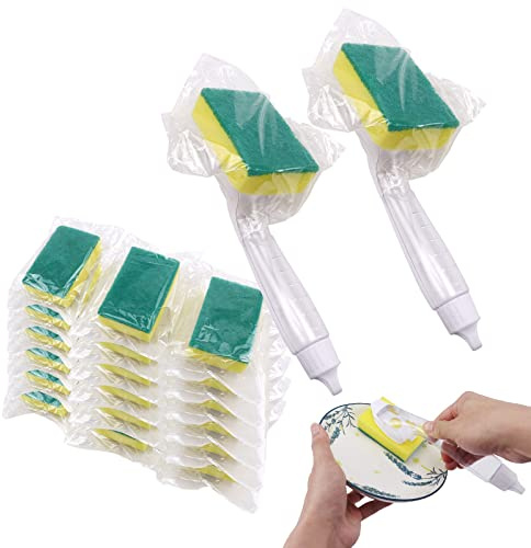 Dish Wand Heads Sponge Individually Wrapped, 24 Pack Duty Dishwashing Sponge Handle Refill Replacement Head, Scouring Pad Wipes Scrub Brush with 2 Pcs Handle for Kitchen Cleaning (Rectangle)