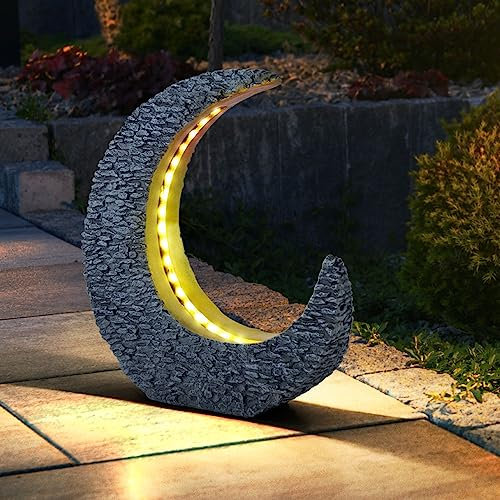 GLOBO Gartendeko Solarlampen für Außen Tischdeko Gartentisch Garten Solarleuchte für Balkon, Mondsichel Stein Optik Grau Gold, LED warmweiß, LxH 28 x 31 cm