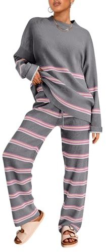 LILLUSORY, 2-teiliges Set für Damen, 2025, zweiteiliges Lounge-Set, Herbstmode, übergroße gestreifte Strickpullover, Outfits