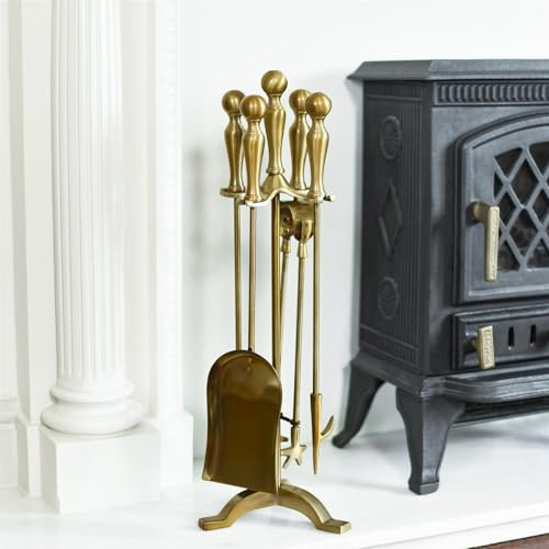 Lesingham House Antique Brass Traditional 56cm Fireplace Accessories Companion Set - Fireside Tools with Poker, Tongs, Brush and Pan - Functional Fireside Companion Set for Fire Log Burner