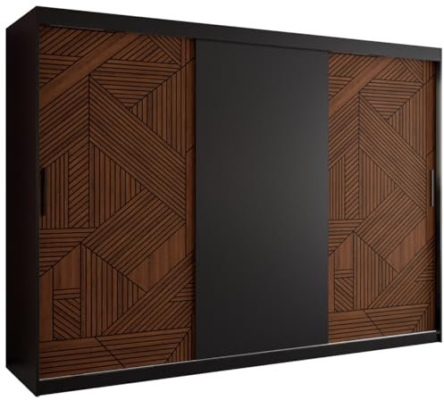 Mirjan24 Schwebetürenschrank Monkis I, Kleiderschrank mit 2 Kleiderstangen, 8 Einlegeböden Schlafzimmer Schrank, Garderoben, Diele Flur (Schwarz Matt/Dunkel Nuss, mit Schubladen, Breite: 250)