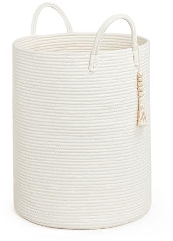 Goodpick Wäschekorb Weiß Geflochten, Laundry Baskets, Korb für Decken, Baby Spielzeug Korb Aufbewahrung, Wäschekorb Kinderzimmer, Korb Geflochten Aufbewahrungskorb Deckenkorb Wohnzimmer,40x50cm, Weiß