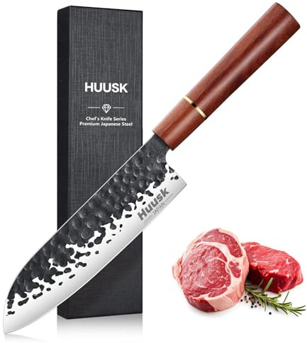 Huusk Japanese Santoku Chef Knife, Professional Chef Knife 7 Inch, Razor Sharp Kitchen Knives for Meat Cutting, Multipurpose Cooking Knives with Hand Forged Blade & Rosewood Handle, Christmas Gifts