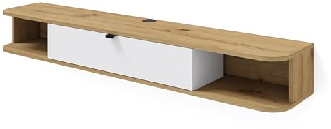 Homlando Lowboard TV, Hängender Fernsehschrank mit Klapptüren, TV Wandboard, Hängeschrank, TV Schrank Icarus 156 x 29 x 20 cm Artisan Eiche und Weiß Matt
