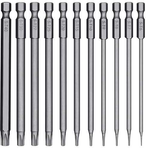11 Piezas Destornillador Hexagonal Torx Largo Puntas de Tornillos Torx Hexagonal Magnético T6-T40 100 mm 1/4 de Destornilladores Eléctricos de Vástago para destornillador