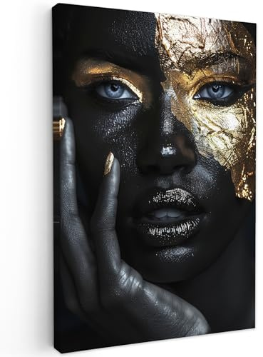 MuchoWow© Bilder Wohnzimmer Deko Modern Wandbild Foto auf Leinwand Bild | 60x90 cm - Schlafzimmer über Bett Room Decor Geschenke Frau - Gold - Porträt - Schwarz-Weiß - Luxus