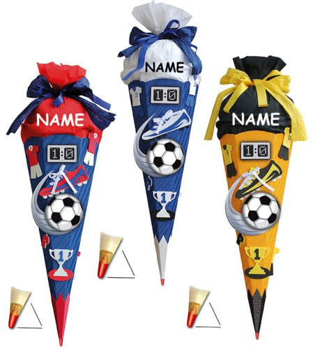BASTELSET Schultüte - Fußball 85 cm - incl. Namen - mit Holzspitze - Zuckertüte Roth - ALLE Größen - 6 eckig Fußballer Fussball Sport Jungen Gelb Schwarz