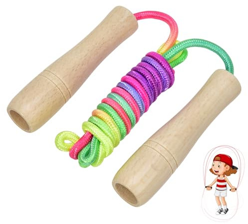 Premium Springseil Kinder, Linkgood 260cm/5M Seilspringen Skipping Rope Kids mit Holzgriff für Jungen & Mädchen, Verstellbares Regenbogen Springseil für Schule/Sport, Outdoor-Aktivitäten