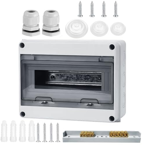 Surface-Mounted Distribution Box, IP65 Waterproof Fuse Box, Surface-Mounted, 1-Row for 12 Modules Surface-Mounted Distributor, with Brass Clamps for Garden or Outdoor Areas, Villas, Charging (12 Way)