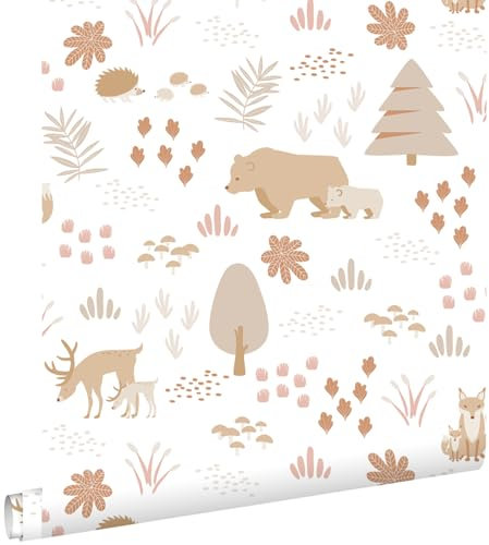papier peint forêt avec des animaux de la forêt blanc et beige 53 cm x 10.05 m - ESTAhome