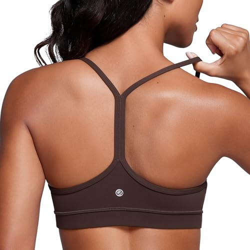 CRZ YOGA Butterluxe Y Back Sports Bras for Women - Padded Racerback Low Impact Spaghetti Thin Strap Workout Yoga Top Hot Fudge Brown X-Small