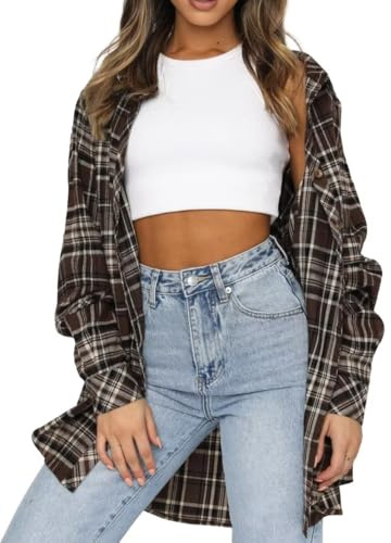 LACOZY Camicette da Donna in Flanella a Quadri a Maniche Lunghe Camicia Buffalo Plaid Oversized con Collo a Bottoni, Caff, S